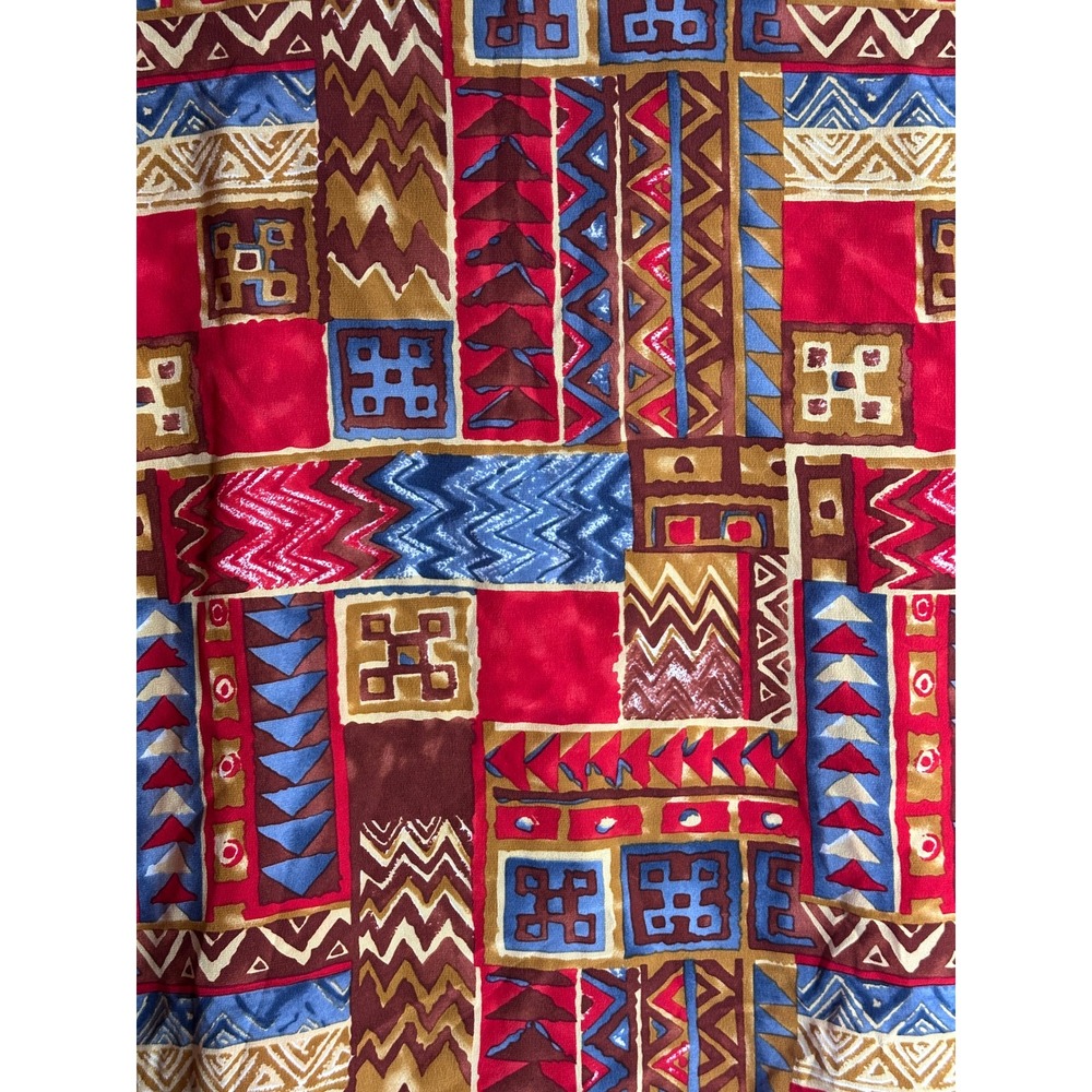 Nora Noh Silk Blouse Red Blue Geometric Abstract Short Sleeve Vintage Style Top